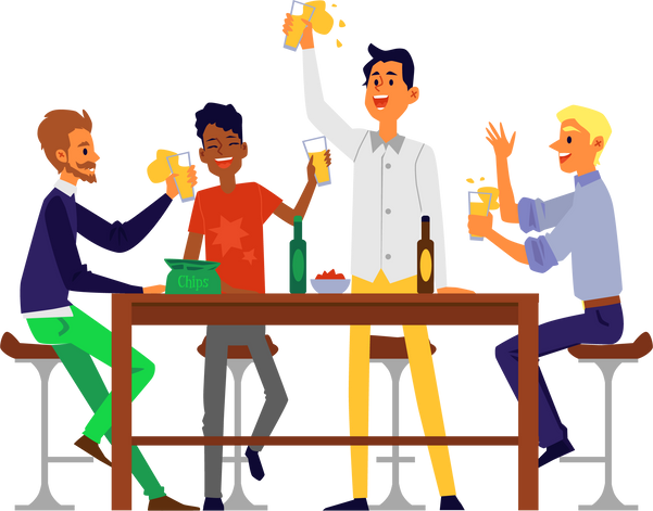 Male friends drinking beer sitting behind bar table