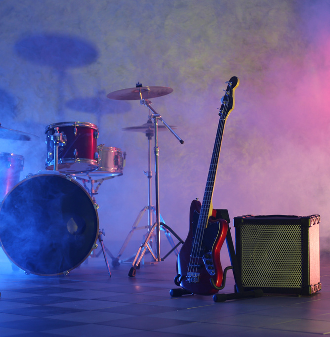 Rock Band Instruments on Foggy Background